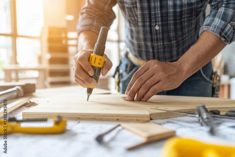 Carpenter measuring wood for custom table in a bright workshop during afternoon hours Carpenter measuring wood for custom table in a bright workshop during afternoon hours