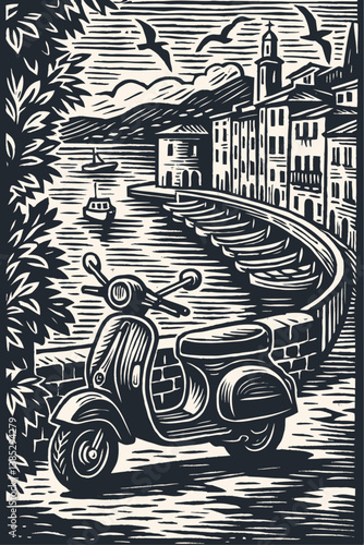 Black and white vector illustration in woodcut style depicting a picturesque coastal town with buildings along a curved promenade and a parked retro scooter.
