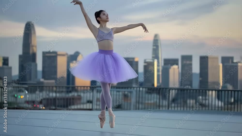 Ballet dancer executing elegant poses atop urban rooftop, San Francisco skyline creating dramatic background for artistic performance