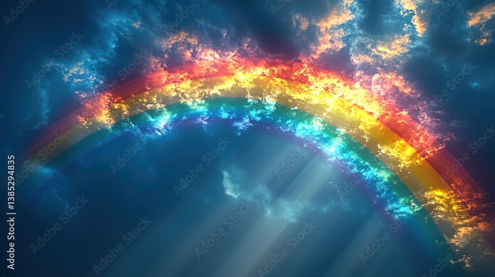 Fototapeta premium Fiery rainbow arch in dramatic sky; hope, faith, background