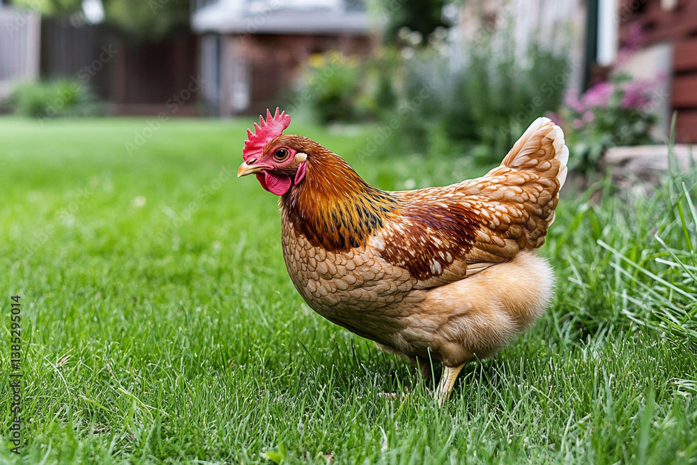 Fototapeta premium Chickens roam freely on a vibrant and lively farm in a rural outdoor setting