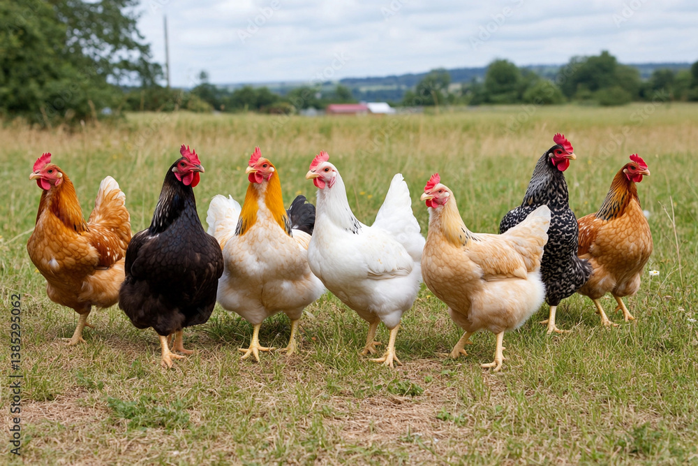 Fototapeta premium Chaos unfolds as chickens wander freely across the farm field during a sunny afternoon