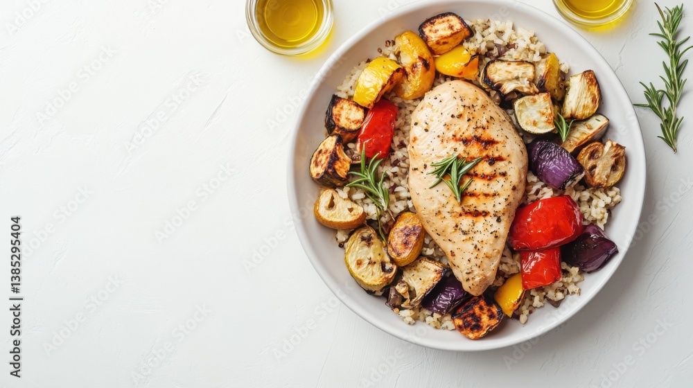 A perfectly grilled chicken breast with roasted vegetables. Featuring protein and balance A perfectly grilled chicken breast with roasted vegetables. Featuring protein and balance