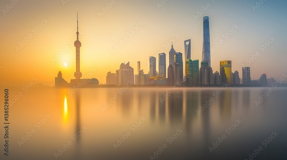 Sunrise over Shanghai skyline reflected in calm water. Sunrise over Shanghai skyline reflected in calm water.