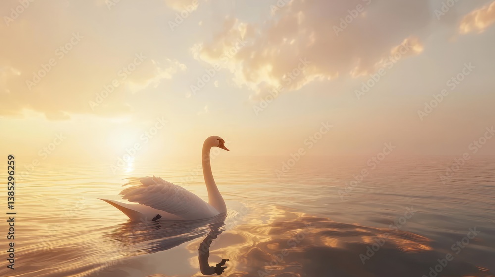 Fototapeta premium Majestic swan swimming peacefully on calm water at sunset.