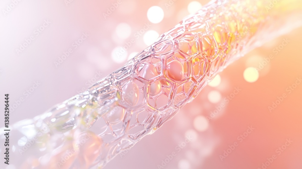 Microscopic view of a transparent, hexagonal structure resembling a vein or fiber, with a soft, bokeh background.