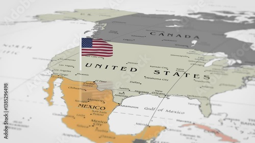 The camera rotating around America on the world map takes the focus. America flag waving on the map 4K Animation.