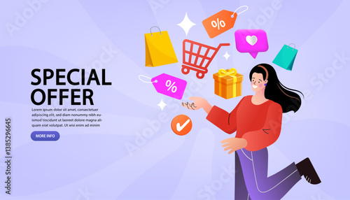 An excited woman runs with a cloud of e-commerce icons during a special offer promotion. A shopping cart, discount tags, and a gift box illustrate a fun online retail sale and shopping experience.
