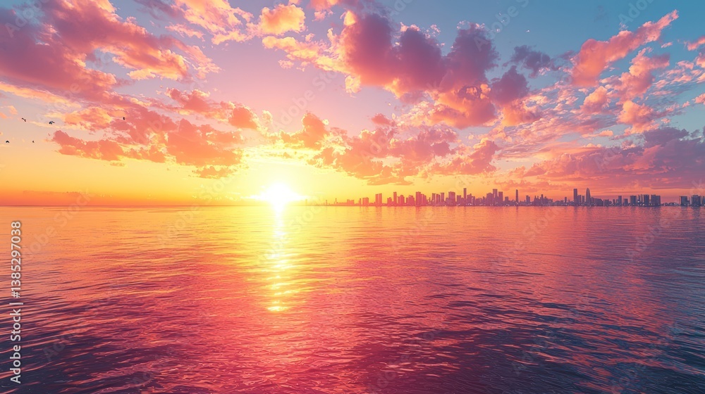 Obraz premium Sunset over cityscape skyline, tranquil ocean, tranquil view, perfect for background