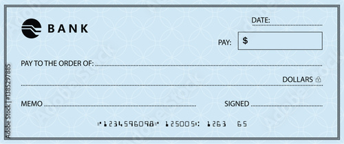 Blue Bank check, vector blank money cheque, checkbook template with guilloche pattern and fields. Currency payment coupon, money check background	