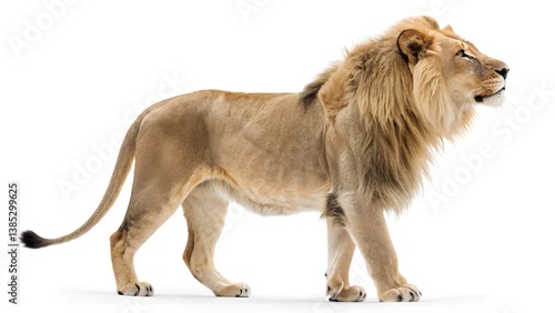 This image features a full-body shot of a male lion walking