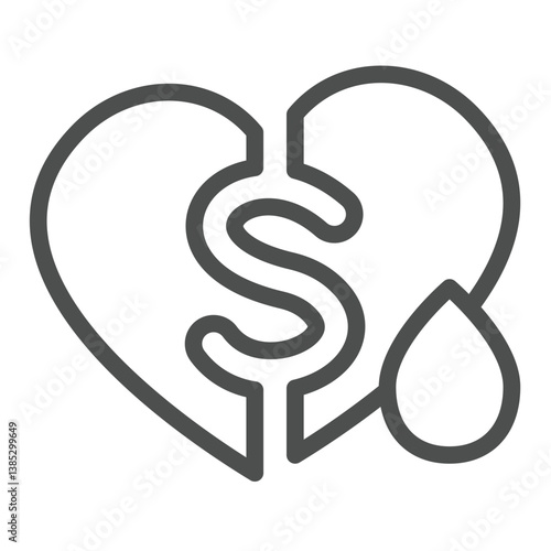 Dollar on heart and drop of blood line icon, charity concept. Vector graphics. Blood donation sign on white background, outline style icon for mobile or web design.