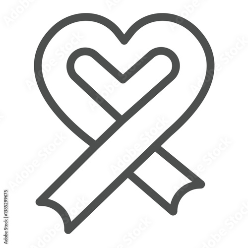 Heart shaped cancer ribbon line icon, charity concept. Vector graphics. Cancer cure ribbon, tape sign on white background, outline style icon for mobile or web design.