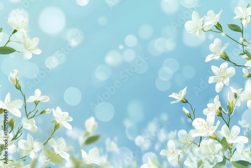 Delicate white flowers bloom gracefully against a bright blue background