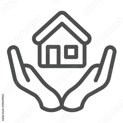 House in hands line icon, real estate concept. Vector graphics. Hands with cottage building, housekeeping sign on white background, outline style icon for mobile or web design.