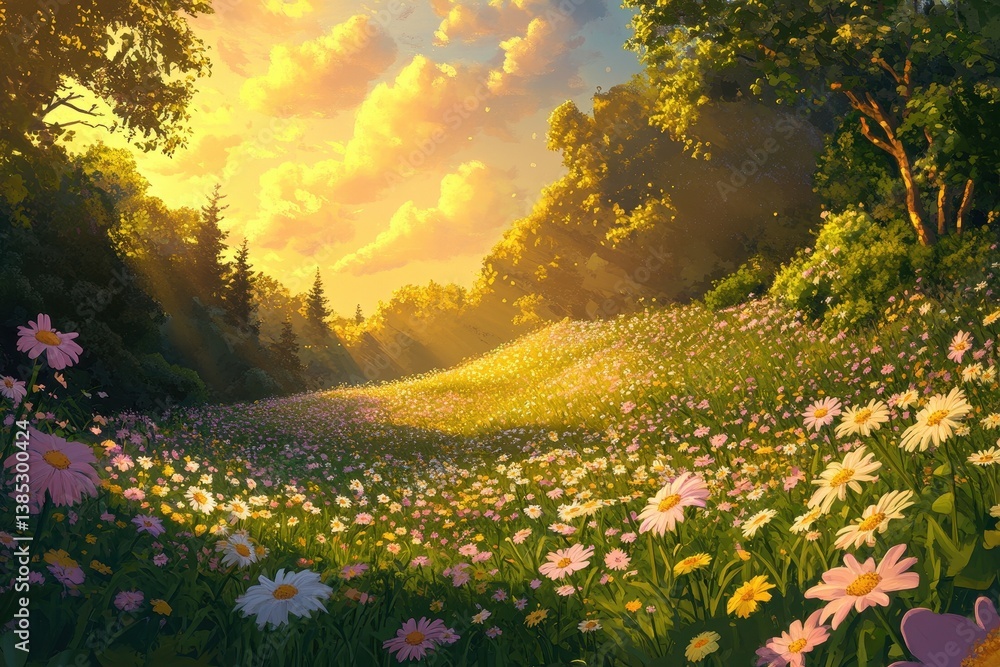 Obraz premium A sunny meadow filled with flowers bathed in golden sunlight