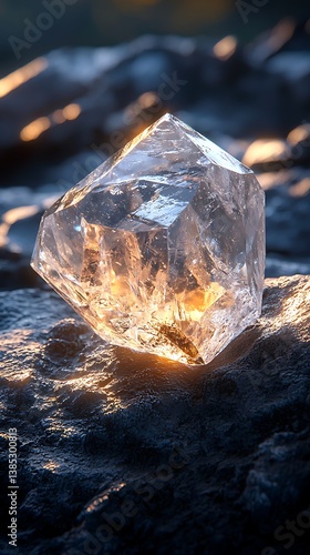 Natural crystal reflecting golden light on rocks high resolution picture