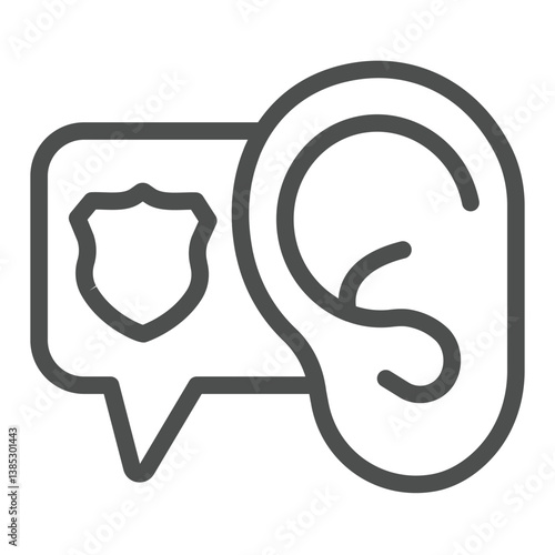 Ear with police badge popup window line icon, law and order concept. Vector graphics. Police siren sound bubble, signal sign on white background, outline style icon for mobile or web design.