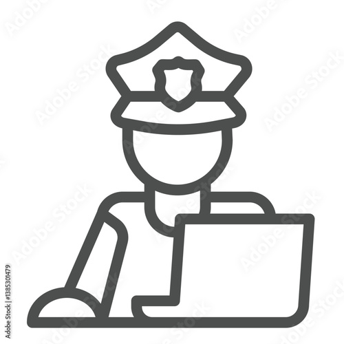 Policeman with hat and laptop line icon, law and order concept. Vector graphics. Policeman with computer database, officer sign on white background, outline style icon for mobile or web design.