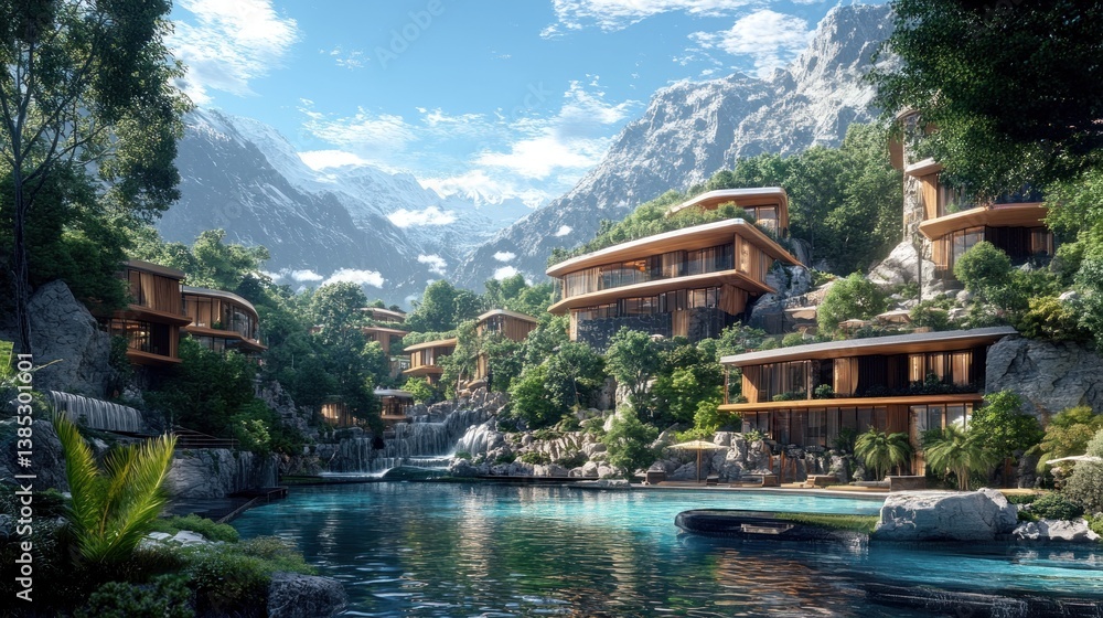 Fototapeta premium Mountain resort poolside villas, scenic valley