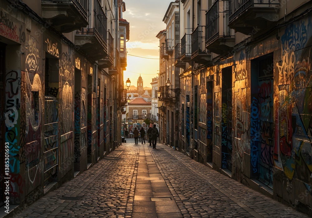 Fototapeta premium Atmospheric Old Town Alleyway at Sunset with Graffiti Art, People, Buildings and Architecture.