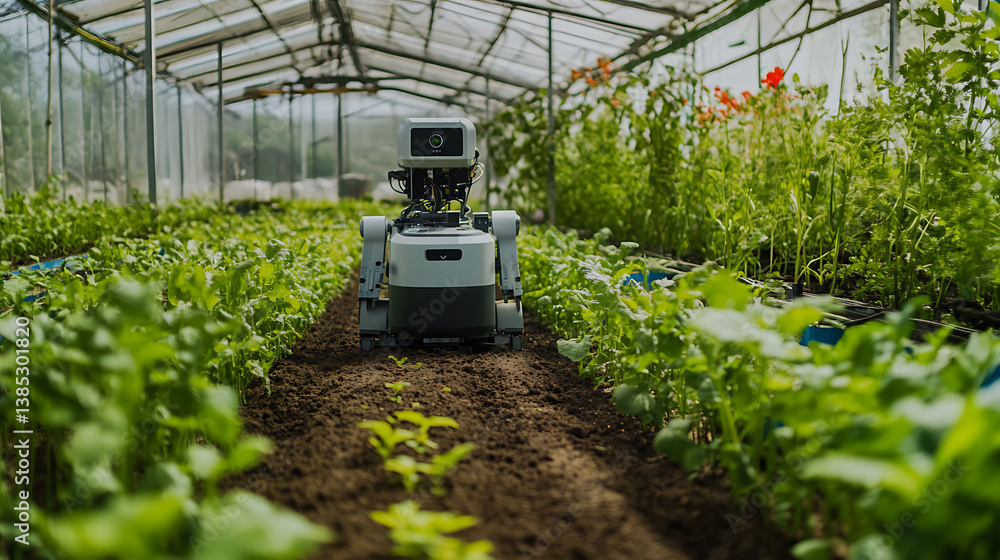 Naklejka premium An AI powered robot analyzing soil conditions for precision farming in a greenhouse, greenhouse with real-time soil data and robotic monitoring, Agriculture technology style