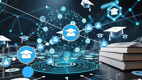 Digital Education Network Graduation Caps Books Technology Connections Virtual Learning Future Academic System