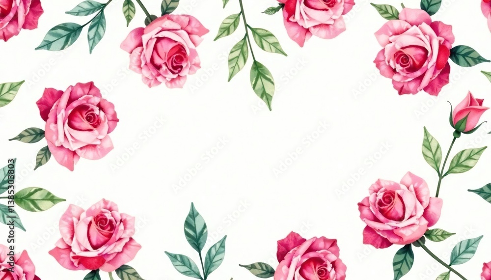 Fototapeta premium Delicate watercolor roses & leaves, repeating pattern, wallpaper, background