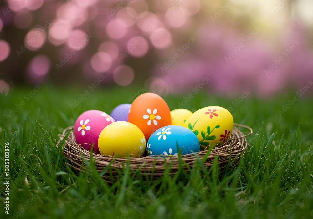 Fototapeta premium Colorful Easter Eggs in a Nest on Green Grass with Bokeh Background for Holiday Season.