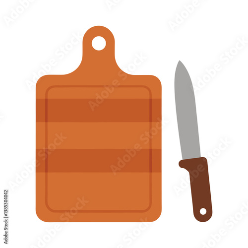 A rustic wooden cutting board with a knife
