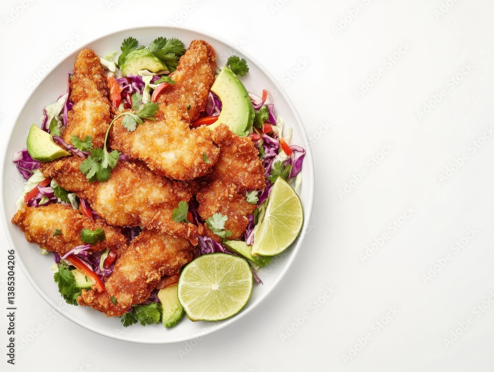 A plate of crispy fish tacos with avocado and slaw. Featuring crunch and zest A plate of crispy fish tacos with avocado and slaw. Featuring crunch and zest