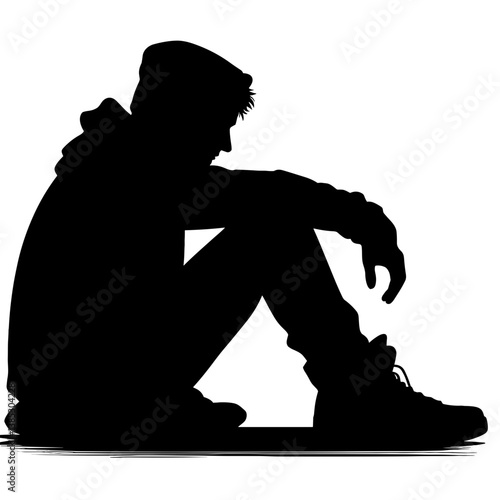 Sad young man sitting alone vector silhouette