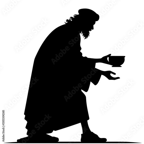 Beggar holding bowl vector silhouette illustration