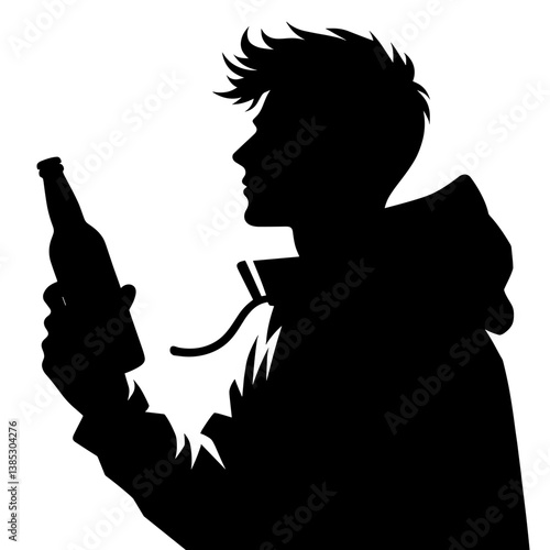 Young man holding beer bottle vector silhouette