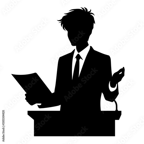 Man speaking at podium vector silhouette illustration
