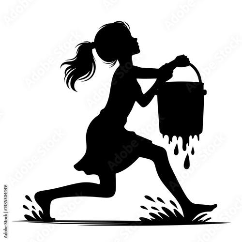 Girl running with water bucket vector silhouette