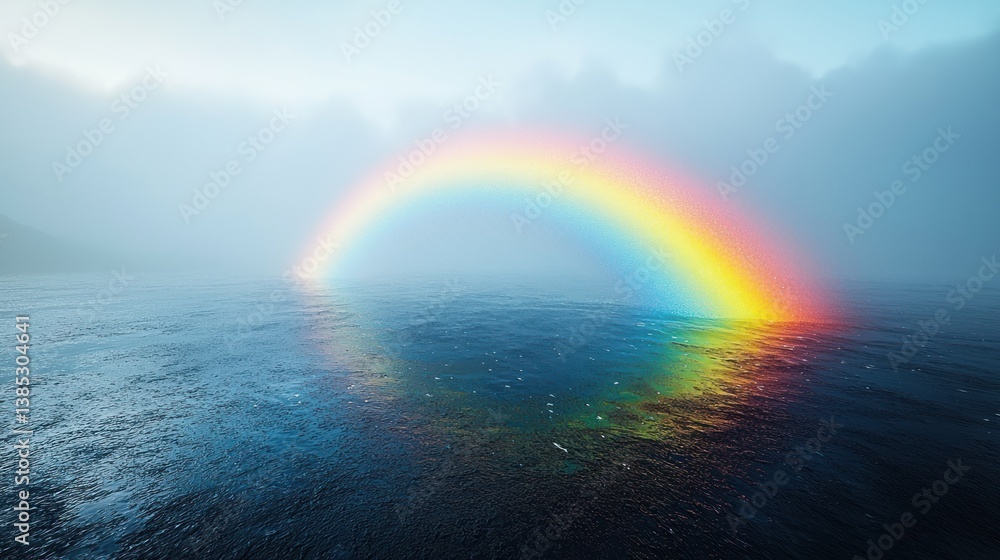 Misty ocean sunrise with rainbow reflection, hopeful serene nature scene, postcard use Misty ocean sunrise with rainbow reflection, hopeful serene nature scene, postcard use