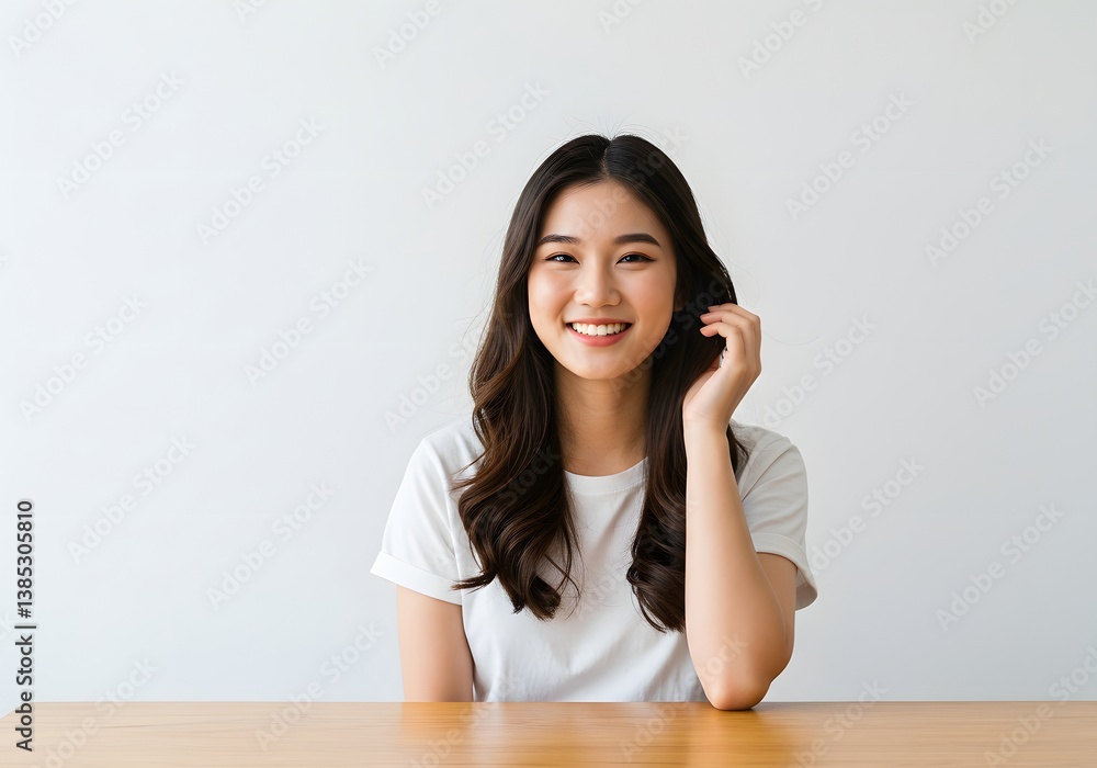 Smiling Asian Woman in White T-shirt, Touching Hair at Wooden Table, Happy and Smiling Portrait. Smiling Asian Woman in White T-shirt, Touching Hair at Wooden Table, Happy and Smiling Portrait.