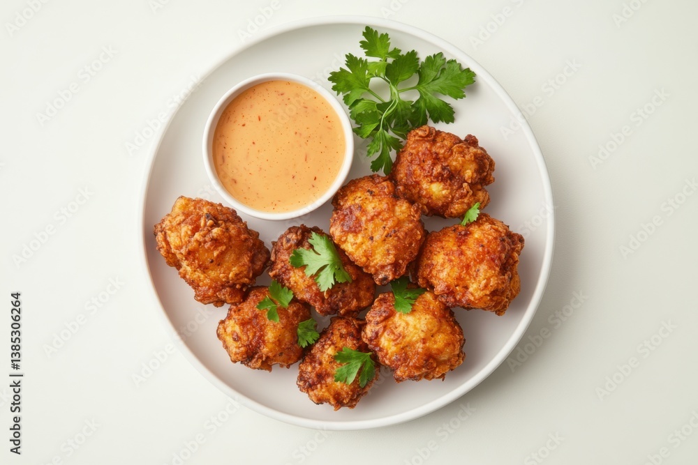 A plate of crispy fried chicken with dipping sauce. Featuring crunch and flavor A plate of crispy fried chicken with dipping sauce. Featuring crunch and flavor