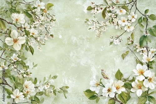 Beautiful white flowers bloom on branches with a small bird