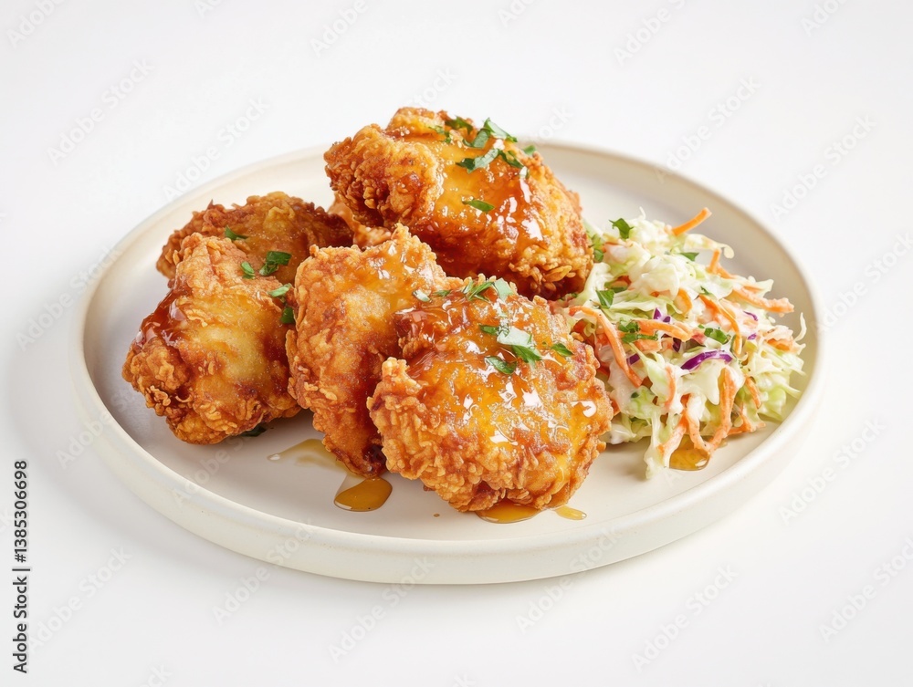 A plate of crispy fried chicken with honey drizzle. Featuring crunchiness and sweetness A plate of crispy fried chicken with honey drizzle. Featuring crunchiness and sweetness