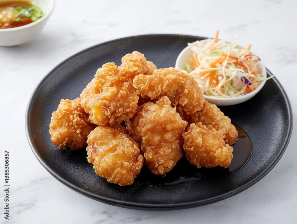 A plate of crispy fried chicken with honey drizzle. Featuring crunchiness and sweetness A plate of crispy fried chicken with honey drizzle. Featuring crunchiness and sweetness