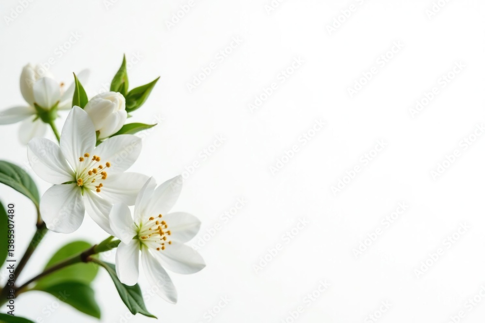 Obraz premium Delicate white flower blossoms against a stark white background , organic, background, aesthetic
