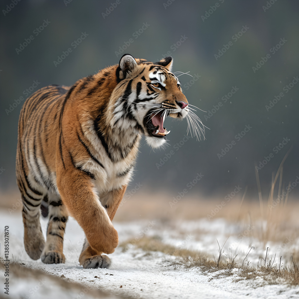 Obraz premium Striped Siberian predator, a big feline in snowy wildlife
