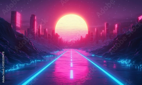 Trendy retro futuristic pink and blue neon lights 3d road among cyberpunk city with sun on background. 3D render. Retrowave VJ videogame landscape, neon lights and low poly terrain grid. Seamless