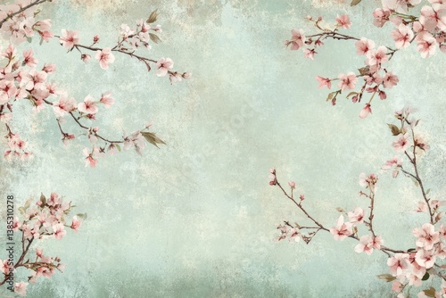 Delicate floral branches with soft pink blossoms on blue background