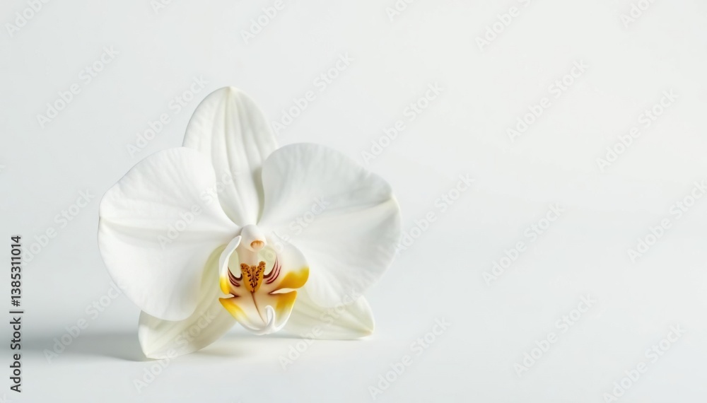 Obraz premium Delicate white orchid blossom on pure white backdrop, background, orchid
