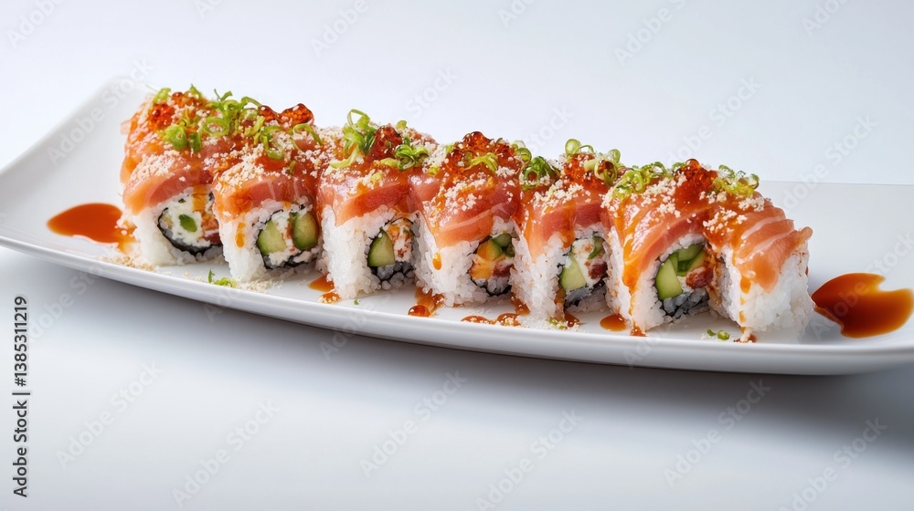 A plate of delicious sushi with salmon, avocado, and rice. Featuring freshness and flavor A plate of delicious sushi with salmon, avocado, and rice. Featuring freshness and flavor