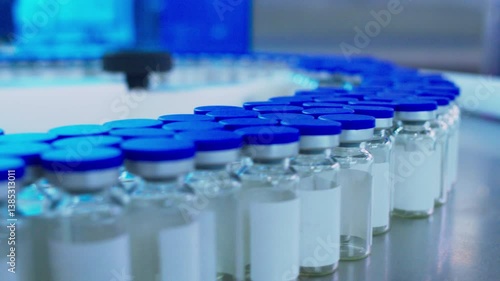 Pharmaceutical production. Glass vials move along the production line