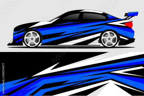 Dynamic blue and black sports car with striking graphics on a minimalist background
